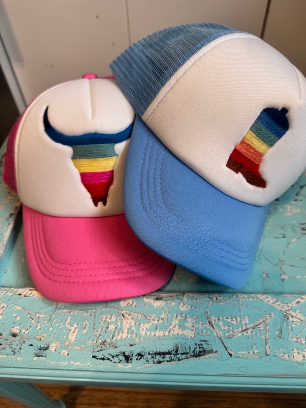 Rainbow Embroidered Cowgirl Boot Trucker Hat Blue Mesh Boho Western Core NEW - Picture 8 of 8